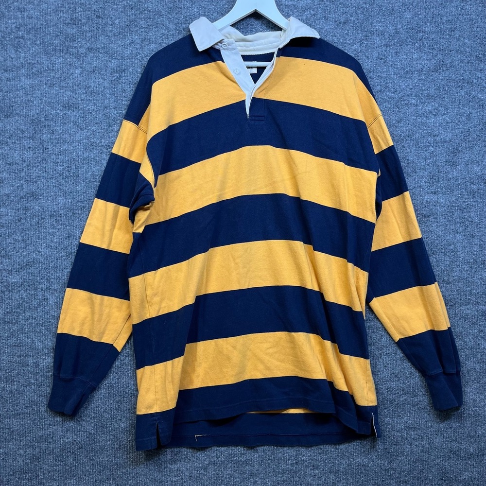 St. John's Bay Polo Rugby Shirt Men Blue Yellow Striped Long Sleeve Classic - LT